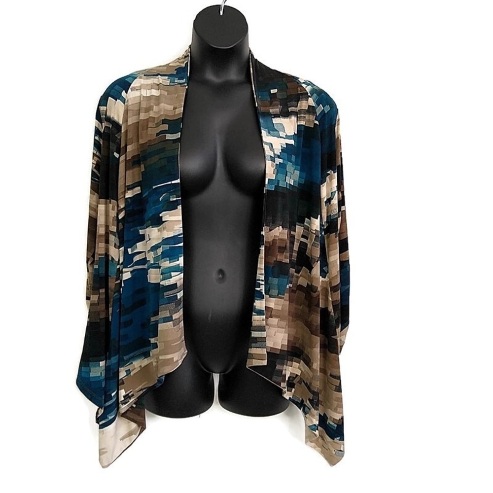 Dressbarn Cardigan Women 14/16 Blue Brown Pixelated‎ Draped Open Front Ruched